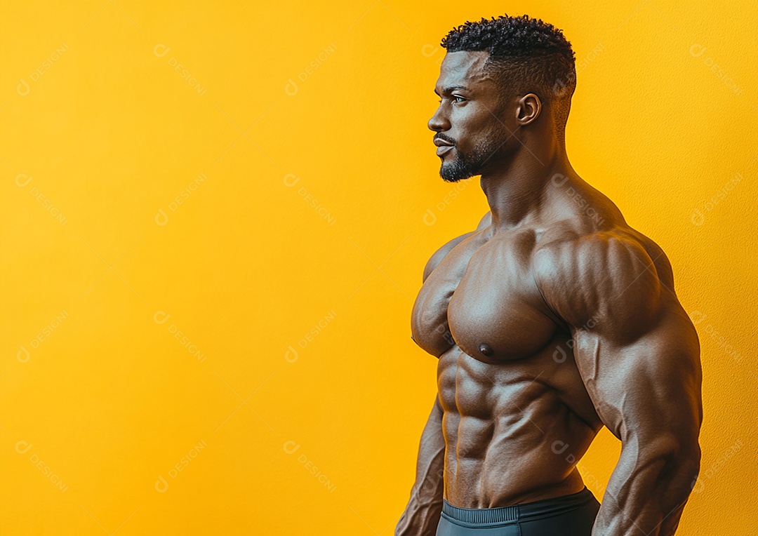 Homem fisiculturista em fundo de cor sólida. conceito de ginásio ou saúde