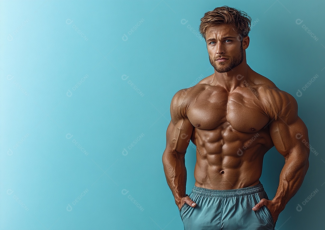Homem fisiculturista em fundo de cor sólida. conceito de ginásio ou saúde