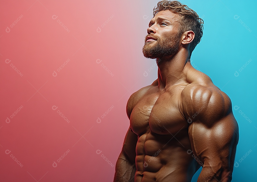 Homem fisiculturista em fundo de cor sólida. conceito de ginásio ou saúde