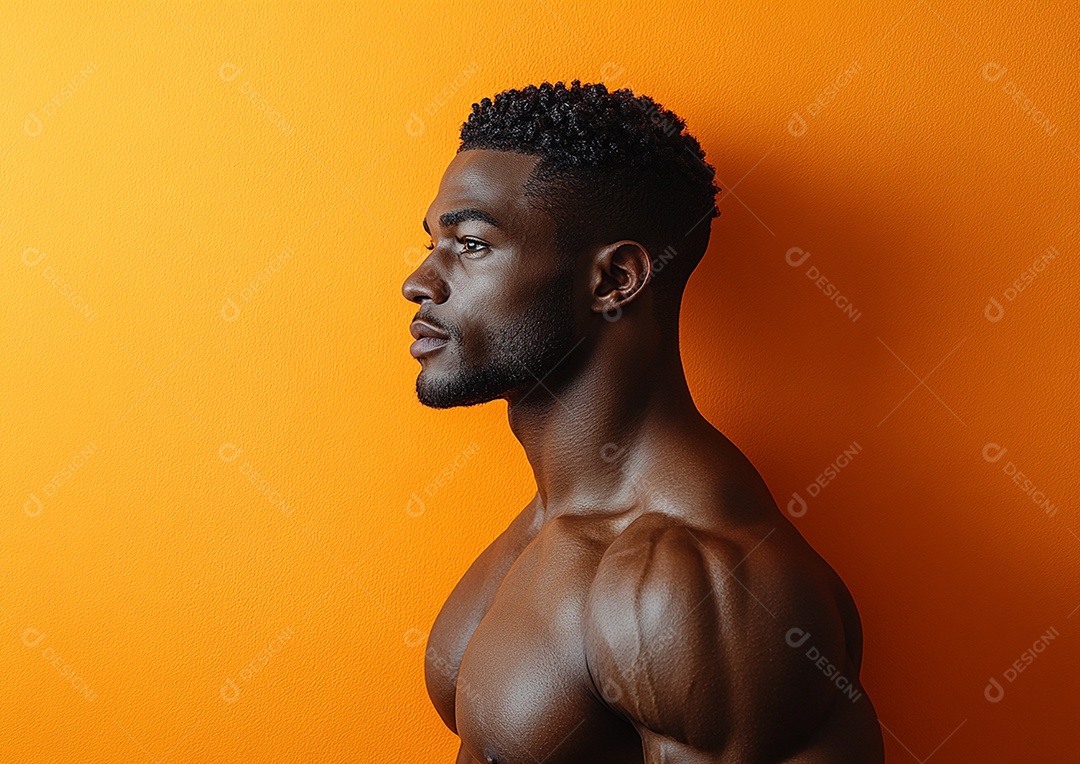 Homem fisiculturista em fundo de cor sólida. conceito de ginásio ou saúde