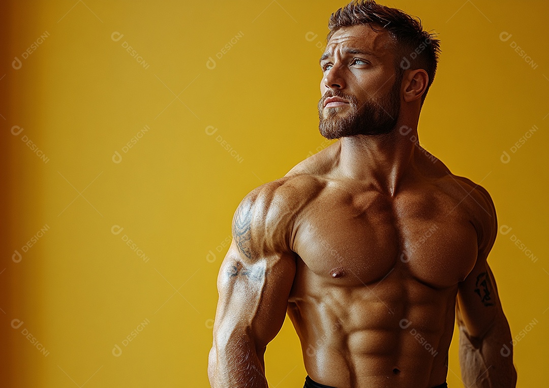 Homem fisiculturista em fundo de cor sólida. conceito de ginásio ou saúde