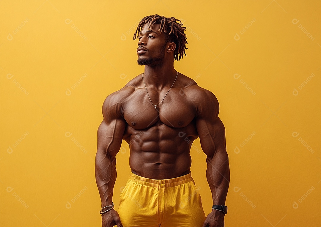 Homem fisiculturista em fundo de cor sólida. conceito de ginásio ou saúde