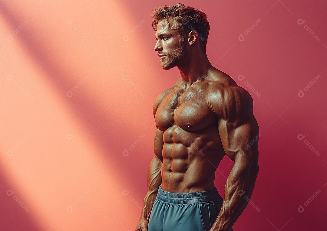 Homem fisiculturista em fundo de cor sólida. conceito de ginásio ou saúde