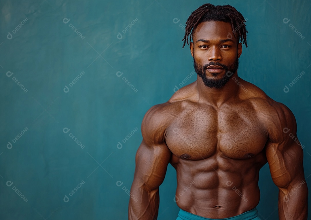 Homem fisiculturista em fundo de cor sólida. conceito de ginásio ou saúde