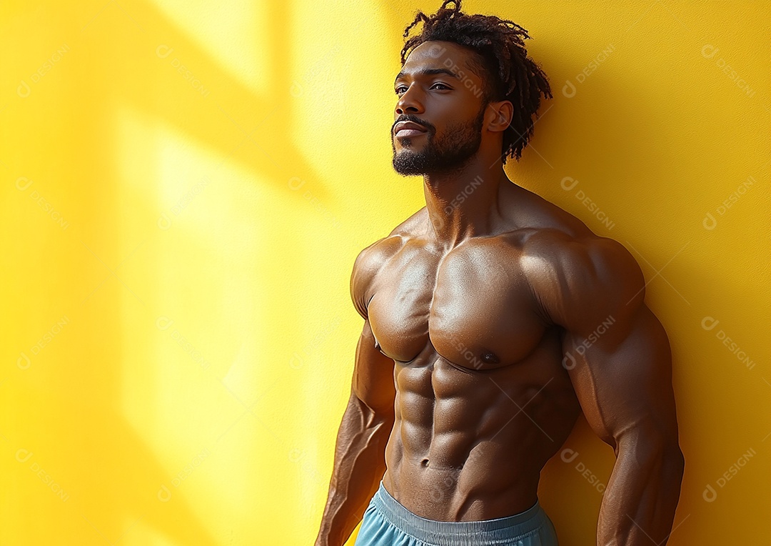 Homem fisiculturista em fundo de cor sólida. conceito de ginásio ou saúde