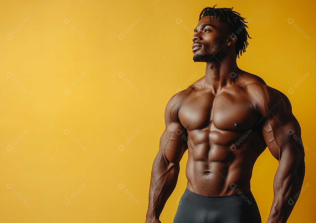 Homem fisiculturista em fundo de cor sólida. conceito de ginásio ou saúde