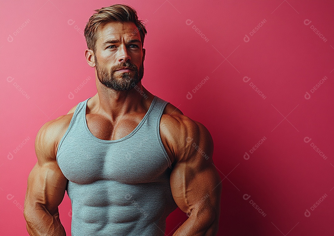 Homem fisiculturista em fundo de cor sólida. conceito de ginásio ou saúde