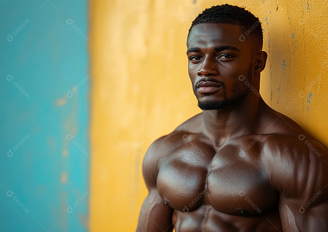 Homem fisiculturista em fundo de cor sólida. conceito de ginásio ou saúde