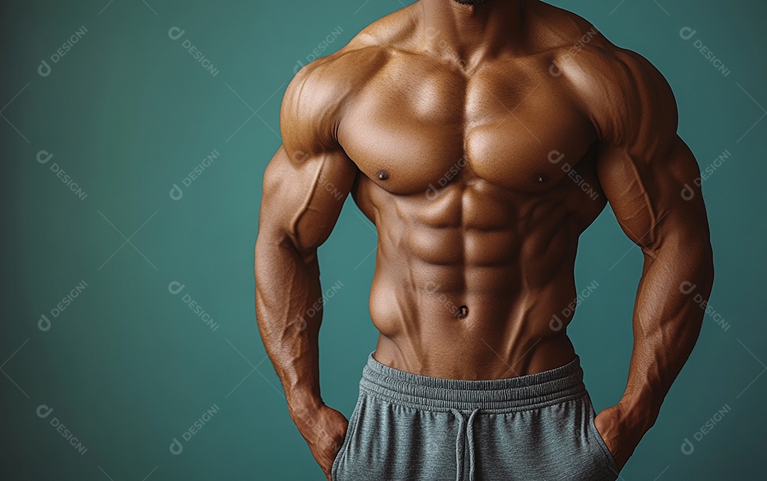 Homem fisiculturista em fundo de cor sólida. conceito de ginásio ou saúde