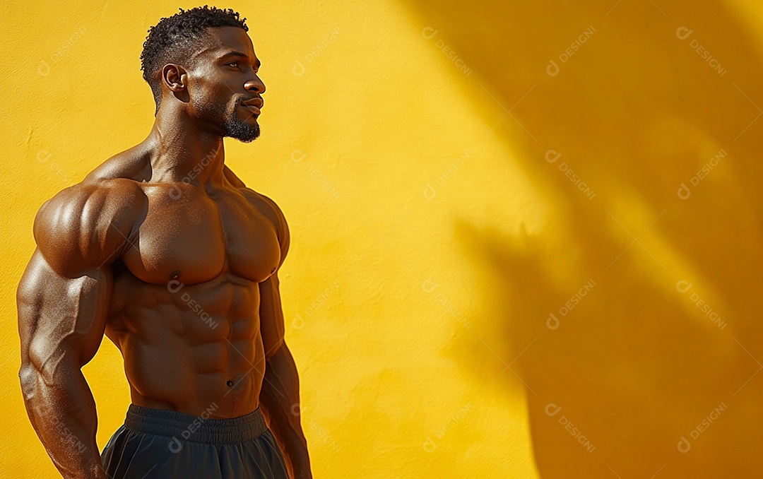 Homem fisiculturista em fundo de cor sólida. conceito de ginásio ou saúde