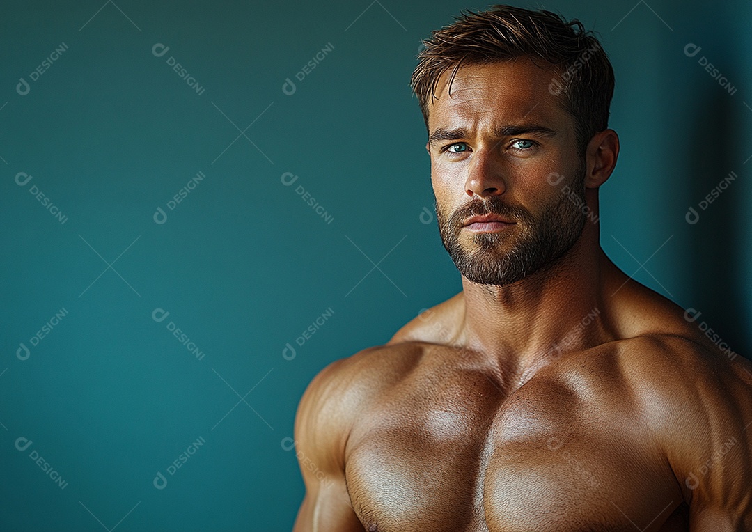 Homem fisiculturista em fundo de cor sólida. conceito de ginásio ou saúde