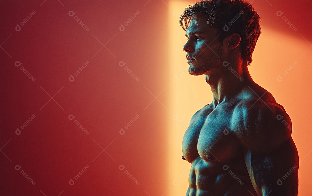 Homem fisiculturista em fundo de cor sólida. conceito de ginásio ou saúde