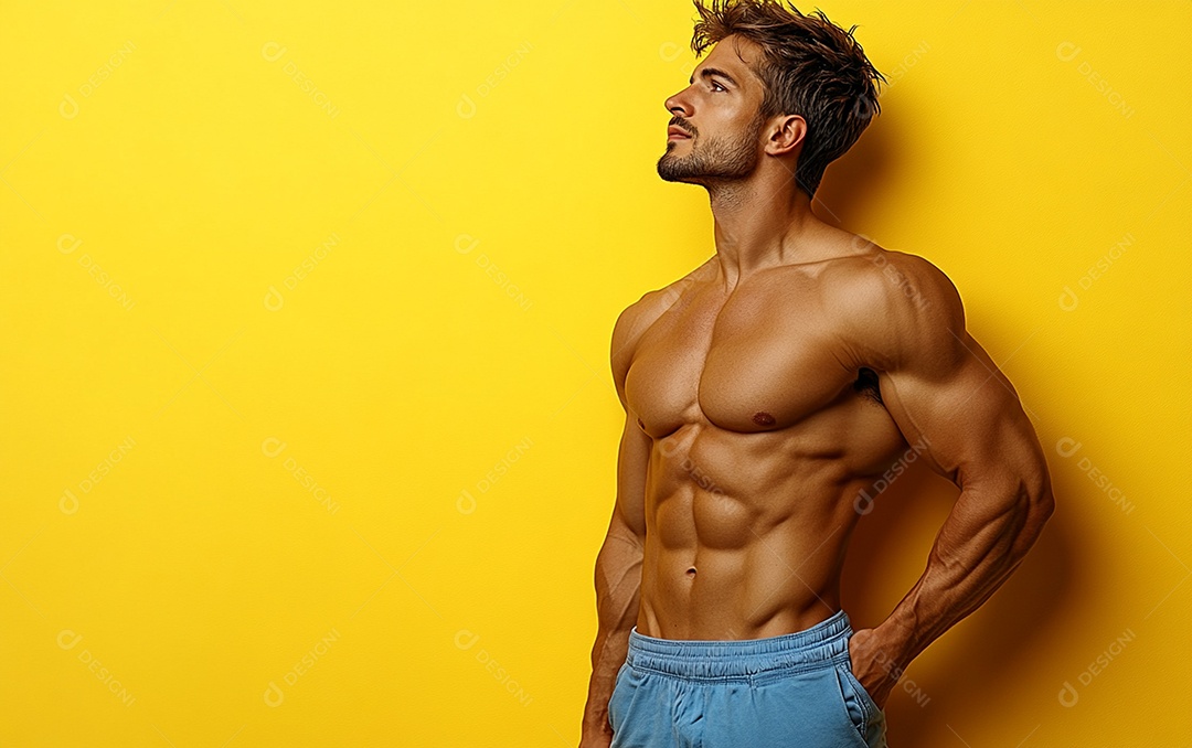 Homem fisiculturista em fundo de cor sólida. conceito de ginásio ou saúde