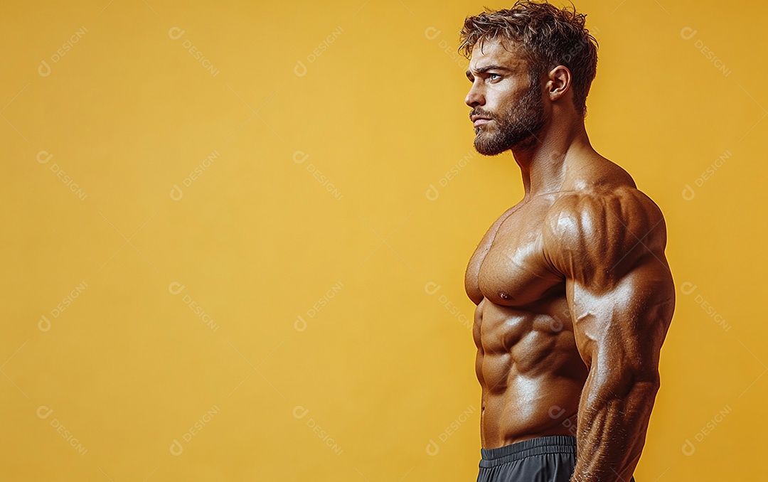 Homem fisiculturista em fundo de cor sólida. conceito de ginásio ou saúde