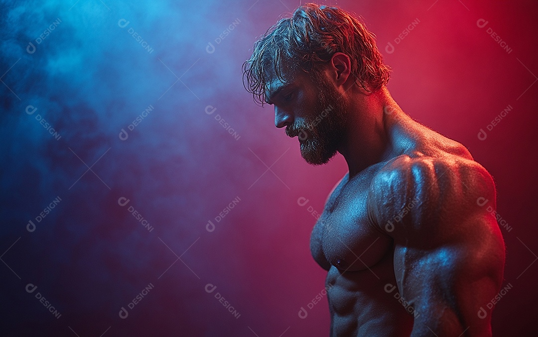 Homem fisiculturista em fundo de cor sólida. conceito de ginásio ou saúde