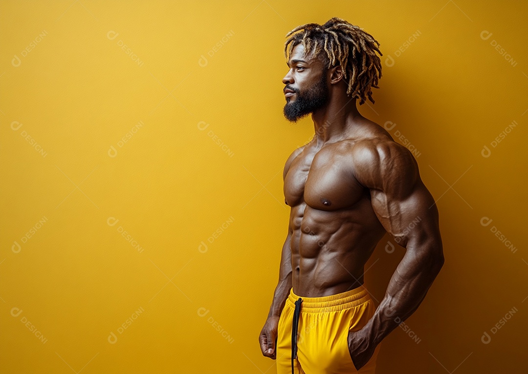 Homem fisiculturista em fundo de cor sólida. conceito de ginásio ou saúde