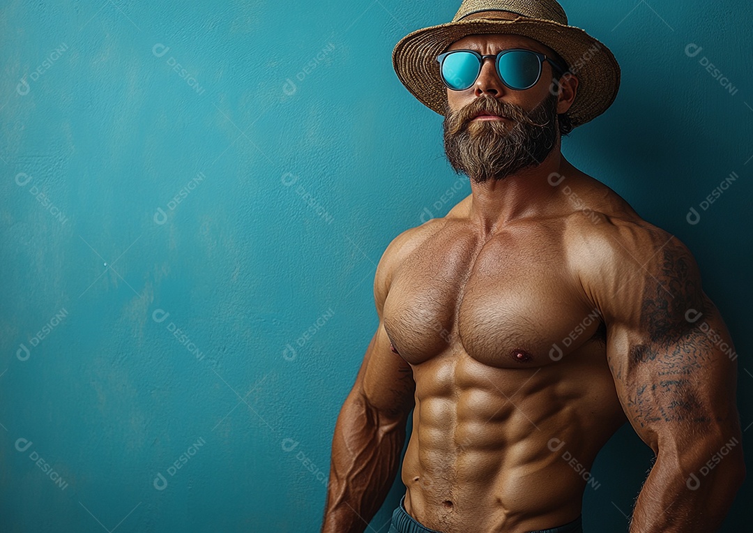 Homem fisiculturista em fundo de cor sólida. conceito de ginásio ou saúde