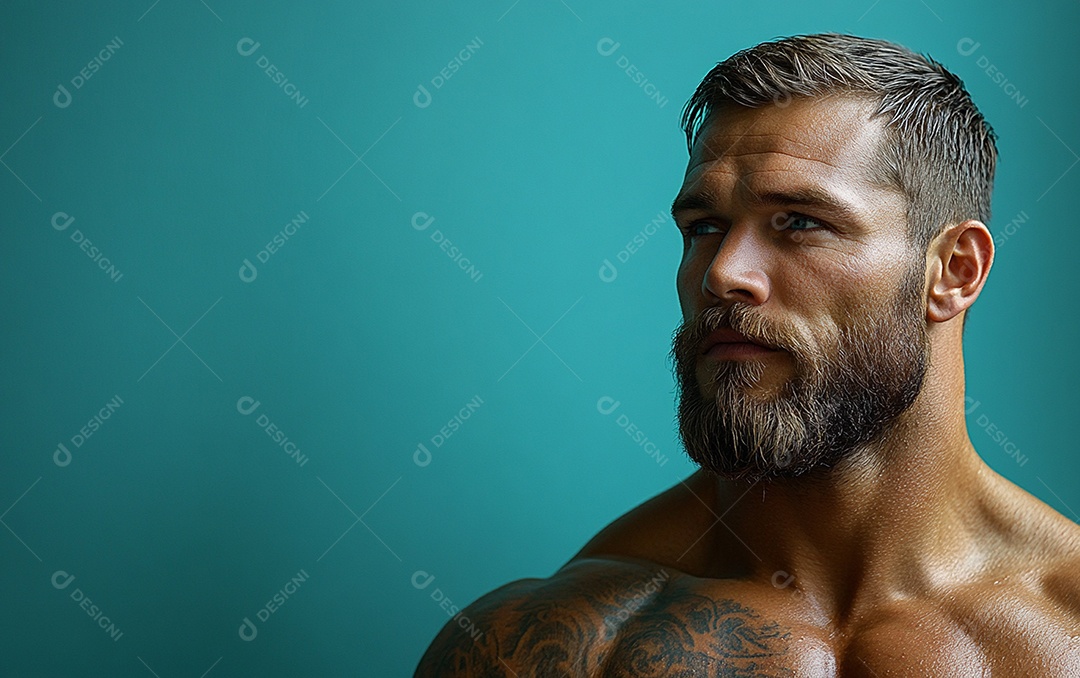 Homem fisiculturista em fundo de cor sólida. conceito de ginásio ou saúde