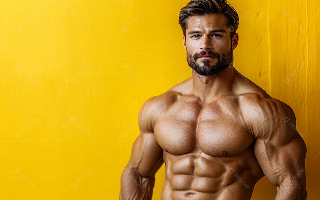 Homem fisiculturista em fundo de cor sólida. conceito de ginásio ou saúde