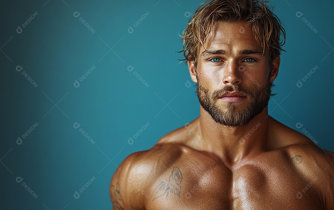 Homem fisiculturista em fundo de cor sólida. conceito de ginásio ou saúde