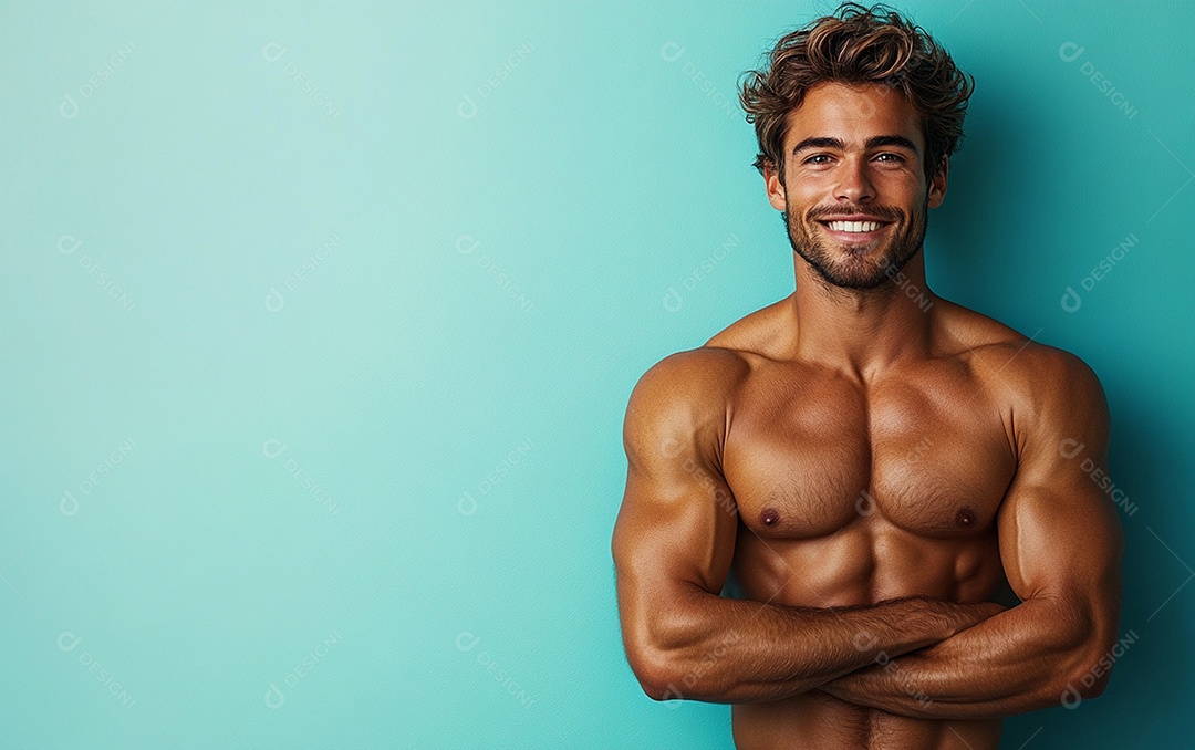 Homem fisiculturista em fundo de cor sólida. conceito de ginásio ou saúde
