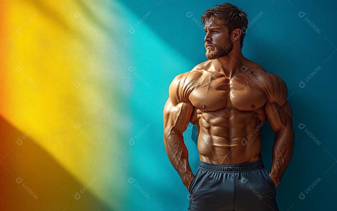 Homem fisiculturista em fundo de cor sólida. conceito de ginásio ou saúde
