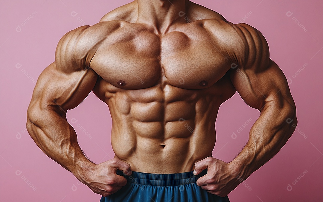Homem fisiculturista em fundo de cor sólida. conceito de ginásio ou saúde