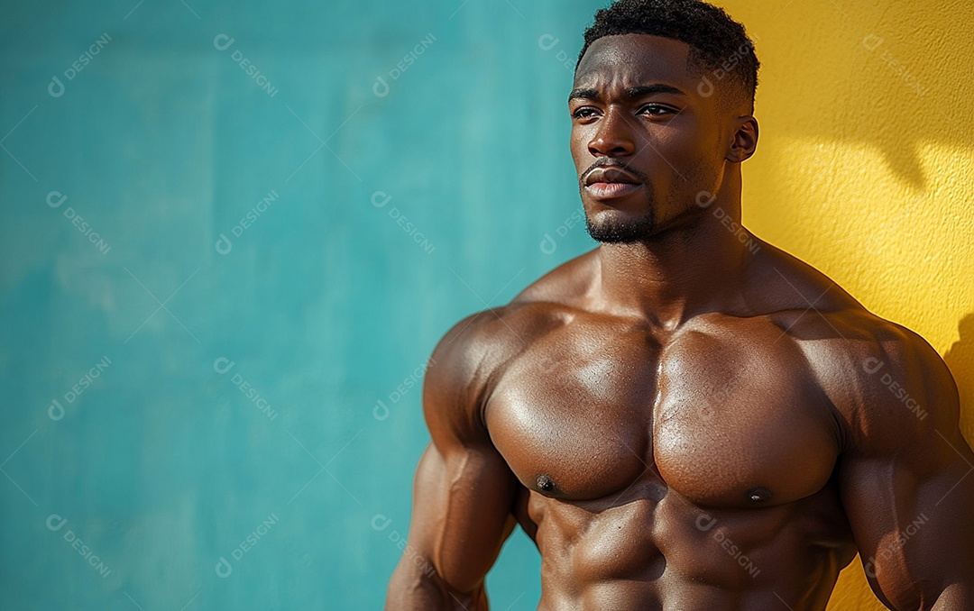 Homem fisiculturista em fundo de cor sólida. conceito de ginásio ou saúde