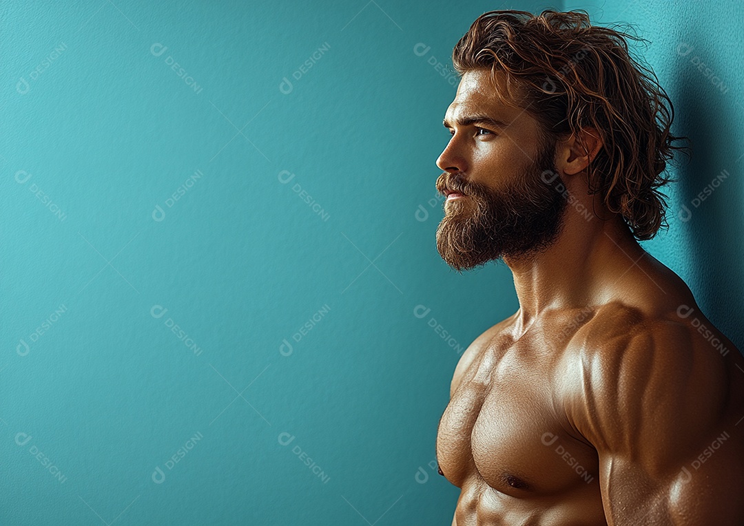 Homem fisiculturista em fundo de cor sólida. conceito de ginásio ou saúde