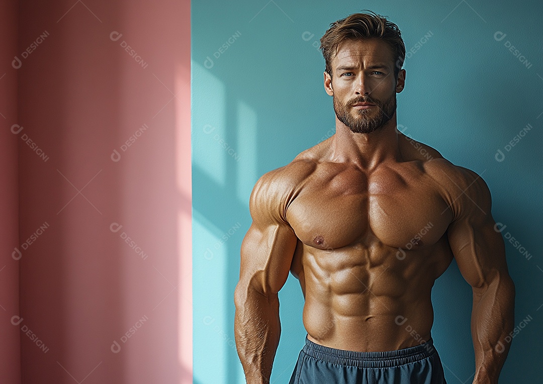 Homem fisiculturista em fundo de cor sólida. conceito de ginásio ou saúde