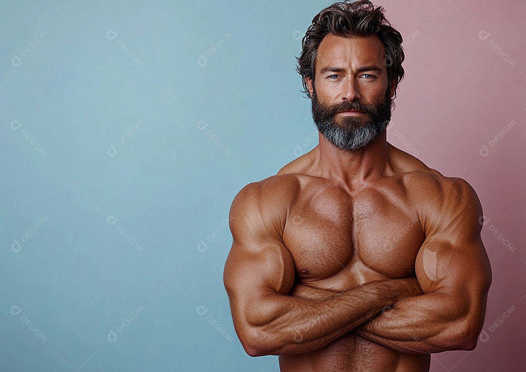 Homem fisiculturista em fundo de cor sólida. conceito de ginásio ou saúde