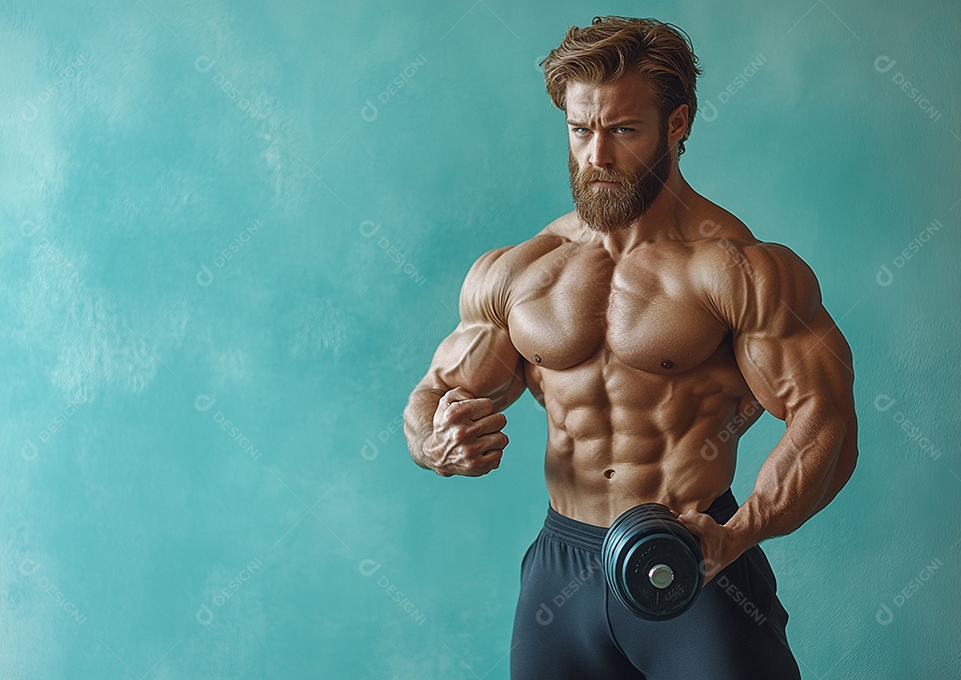 Homem fisiculturista em fundo de cor sólida. conceito de ginásio ou saúde
