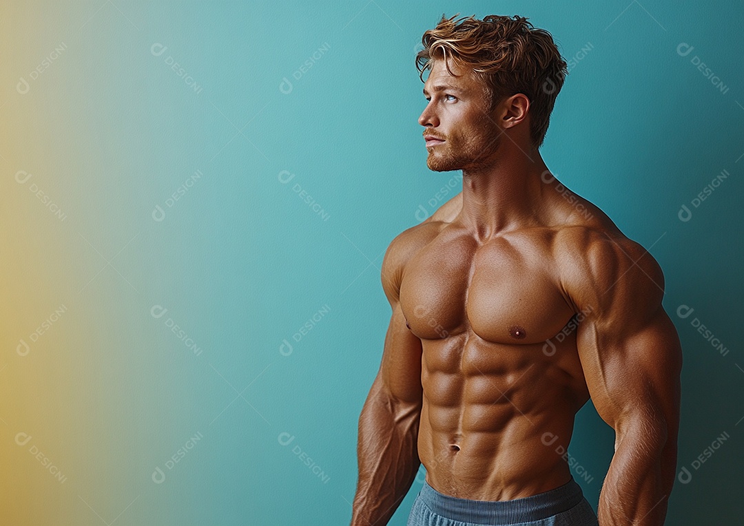 Homem fisiculturista em fundo de cor sólida. conceito de ginásio ou saúde