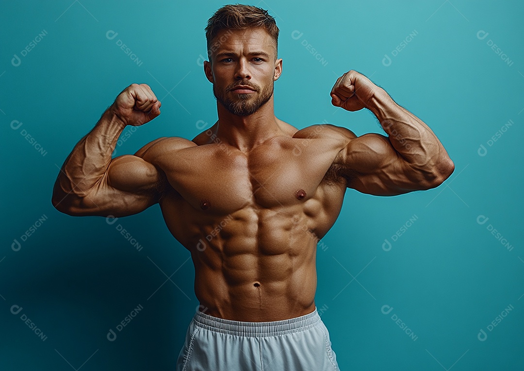 Homem fisiculturista em fundo de cor sólida. conceito de ginásio ou saúde