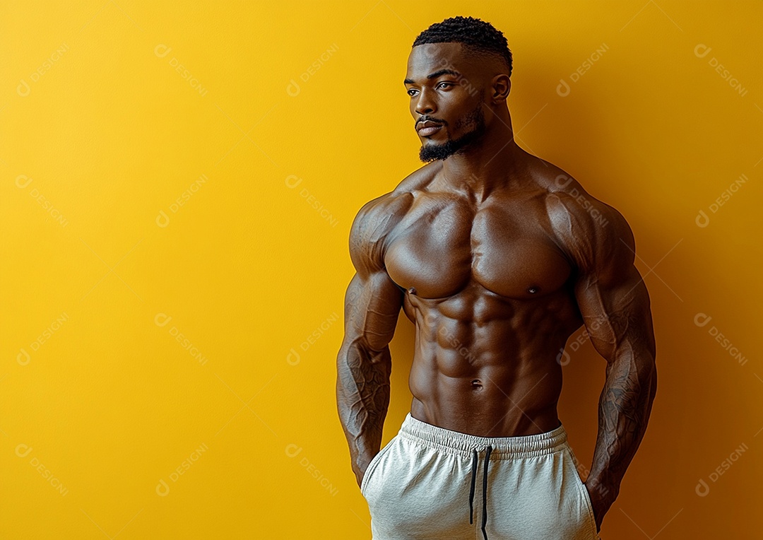 Homem fisiculturista em fundo de cor sólida. conceito de ginásio ou saúde
