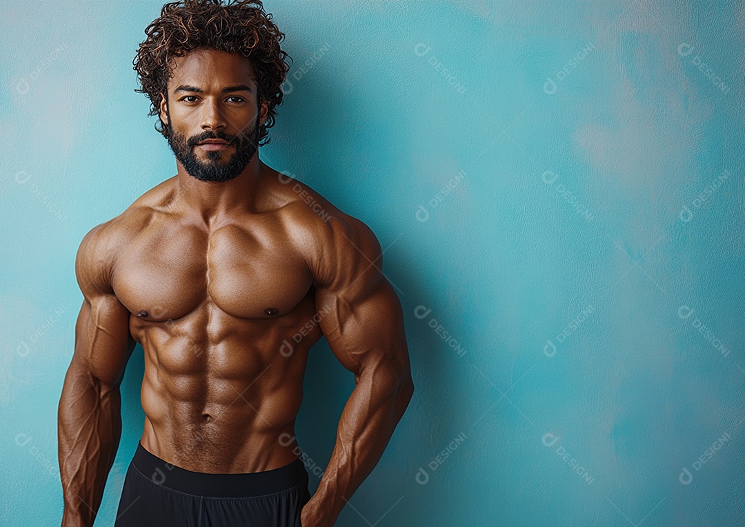 Homem fisiculturista em fundo de cor sólida. conceito de ginásio ou saúde