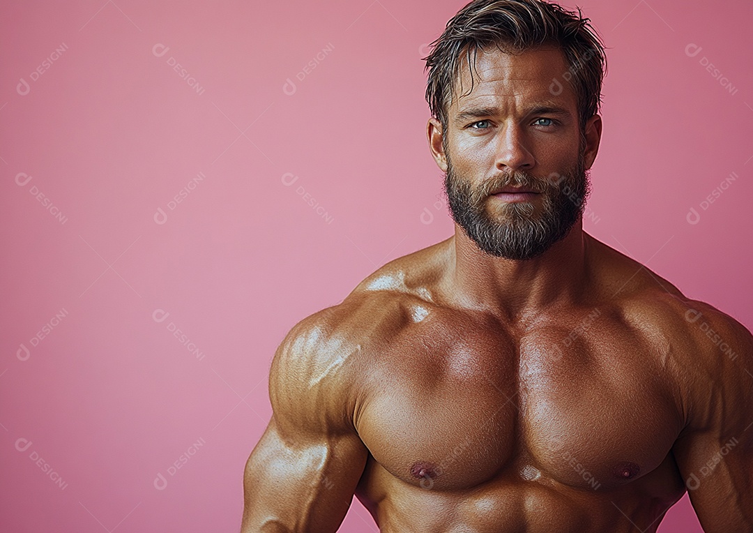 Homem fisiculturista em fundo de cor sólida. conceito de ginásio ou saúde