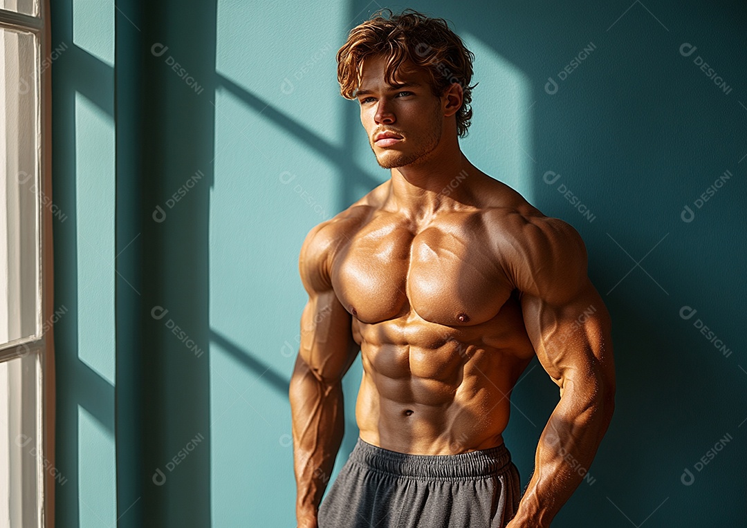 Homem fisiculturista em fundo de cor sólida. conceito de ginásio ou saúde