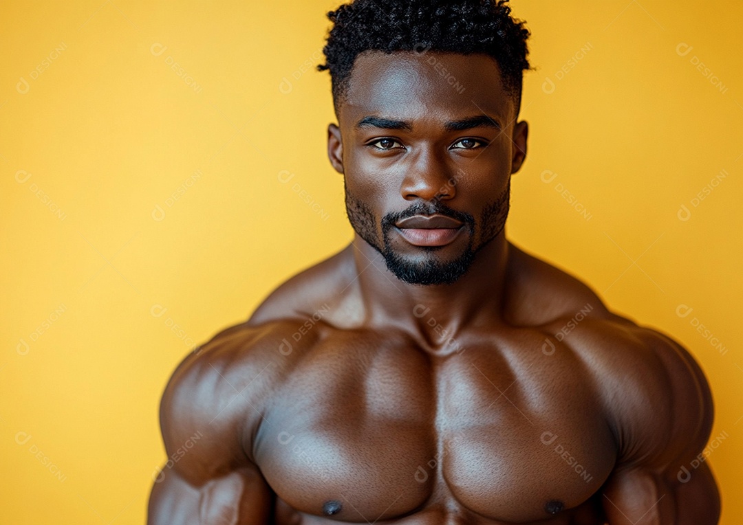 Homem fisiculturista em fundo de cor sólida. conceito de ginásio ou saúde