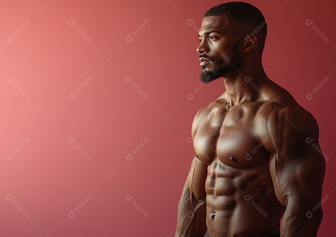 Homem fisiculturista em fundo de cor sólida. conceito de ginásio ou saúde