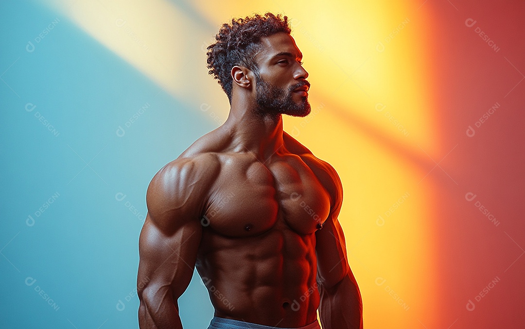 Homem fisiculturista em fundo de cor sólida. conceito de ginásio ou saúde
