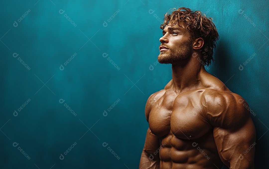 Homem fisiculturista em fundo de cor sólida. conceito de ginásio ou saúde