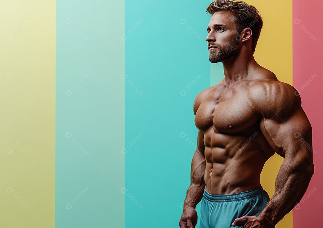 Homem fisiculturista em fundo de cor sólida. conceito de ginásio ou saúde