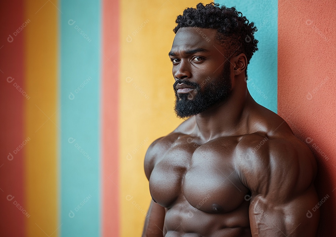 Homem fisiculturista em fundo de cor sólida. conceito de ginásio ou saúde