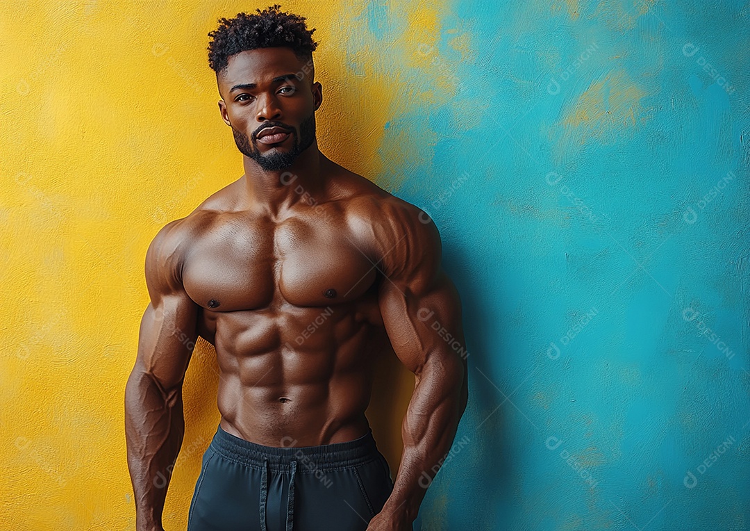 Homem fisiculturista em fundo de cor sólida. conceito de ginásio ou saúde
