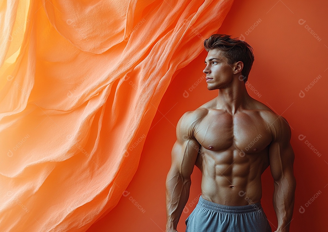 Homem fisiculturista em fundo de cor sólida. conceito de ginásio ou saúde