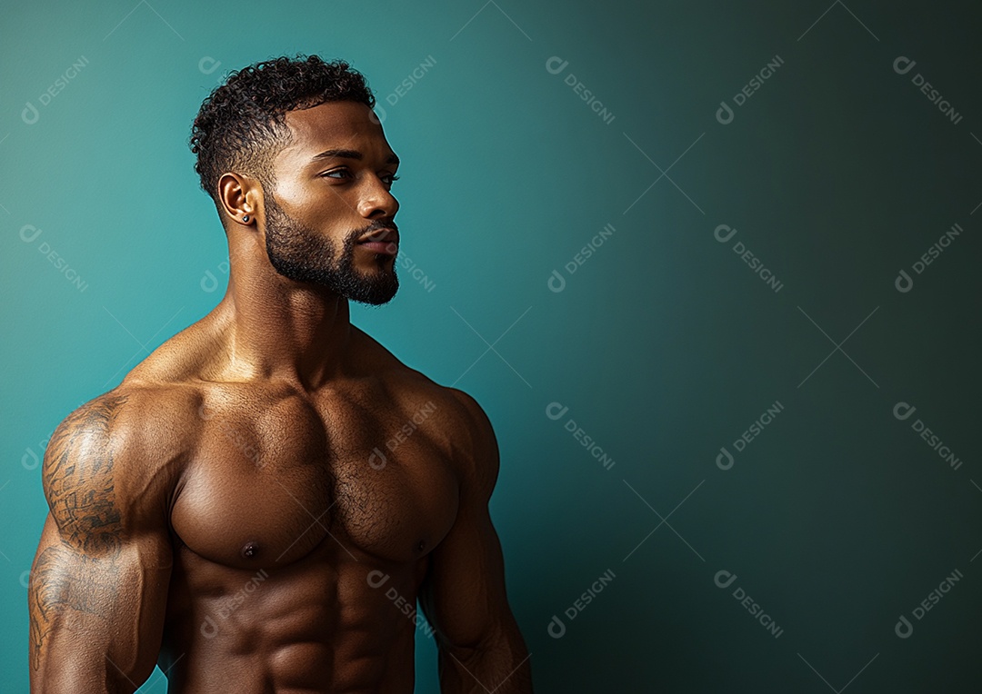 Homem fisiculturista em fundo de cor sólida. conceito de ginásio ou saúde