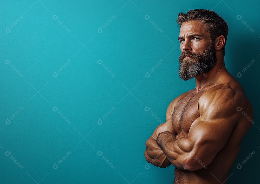 Homem fisiculturista em fundo de cor sólida. conceito de ginásio ou saúde