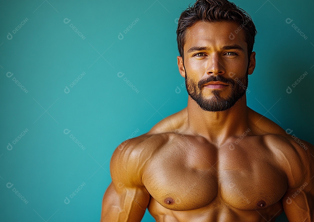 Homem fisiculturista em fundo de cor sólida. conceito de ginásio ou saúde