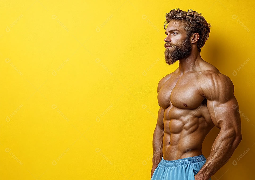 Homem fisiculturista em fundo de cor sólida. conceito de ginásio ou saúde
